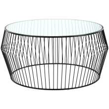 Black wire coffee table, glass top 90 cm round, 45 cm high