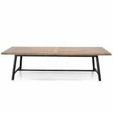 Walnut colour timber farm table with steel folding legs, 2500 x 1000 x 710 h Seating 4 people per side with one or two at the ends No table linen required for this rustic looking table