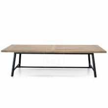 Walnut colour timber farm table with steel folding legs, 2500 x 1000 x 710 h Seating 4 people per side with one or two at the ends No table linen required for this rustic looking table