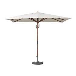 Market Umbrella 3.0 mt square, off white material, black aluminium post and arms, including a heavy black metal base with two 15 kg lead bag weights.